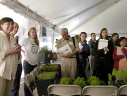 Attendees in the Exhibit and Presentations Tent at Baum Forum Schools Food and Gardening